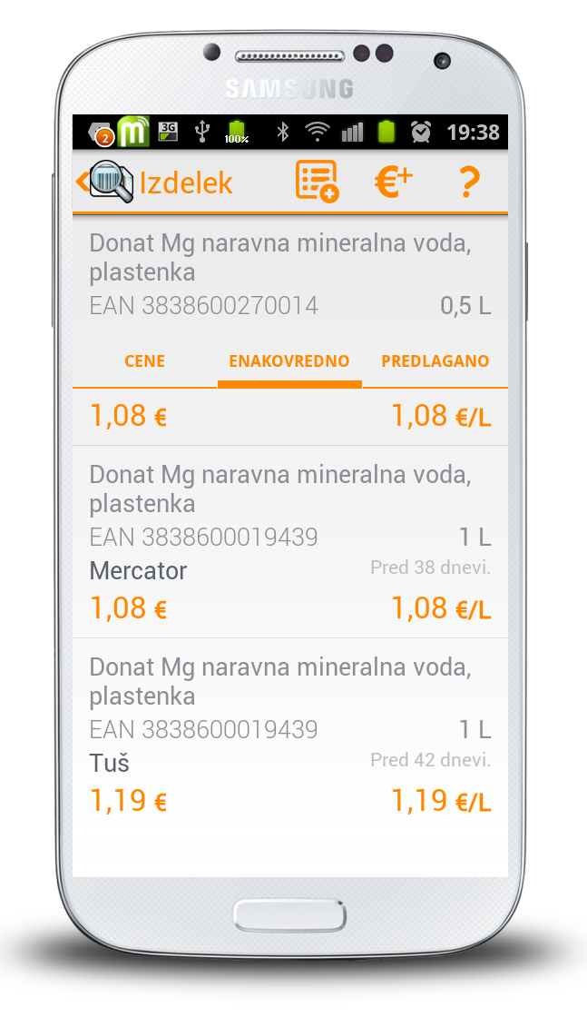 Android telefon z aplikacijo prikazuje seznam cen za izdelek.
